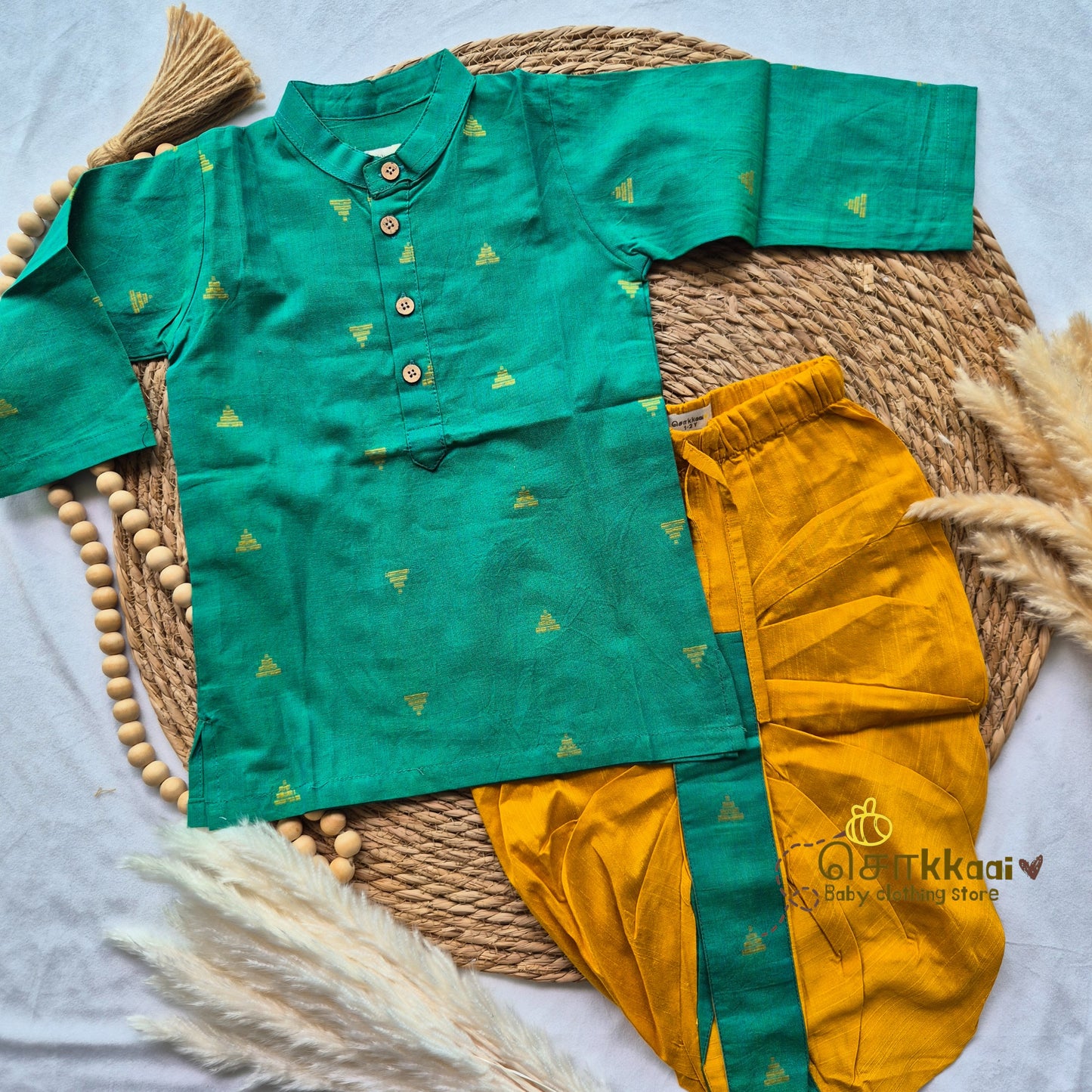 Peacock teal with mustard raw silk dhoti set (1-5yrs) - Sokkaai