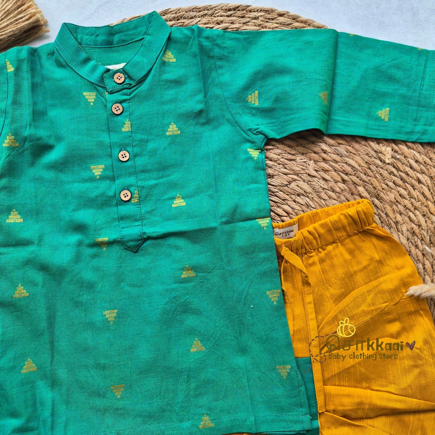 Peacock teal with mustard raw silk dhoti set (1-5yrs) - Sokkaai