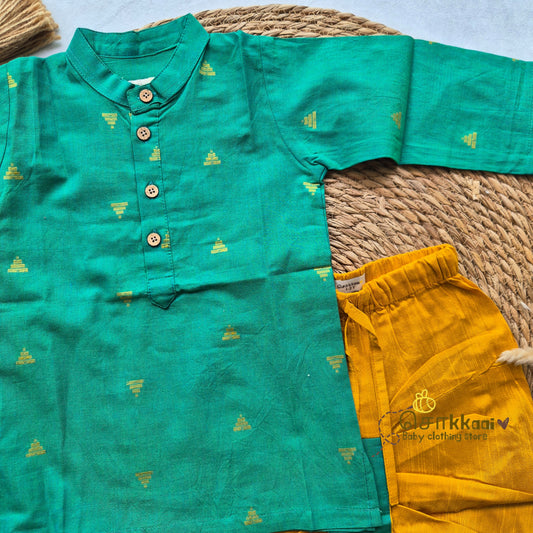 Peacock teal with mustard raw silk dhoti set (1-5yrs) - Sokkaai