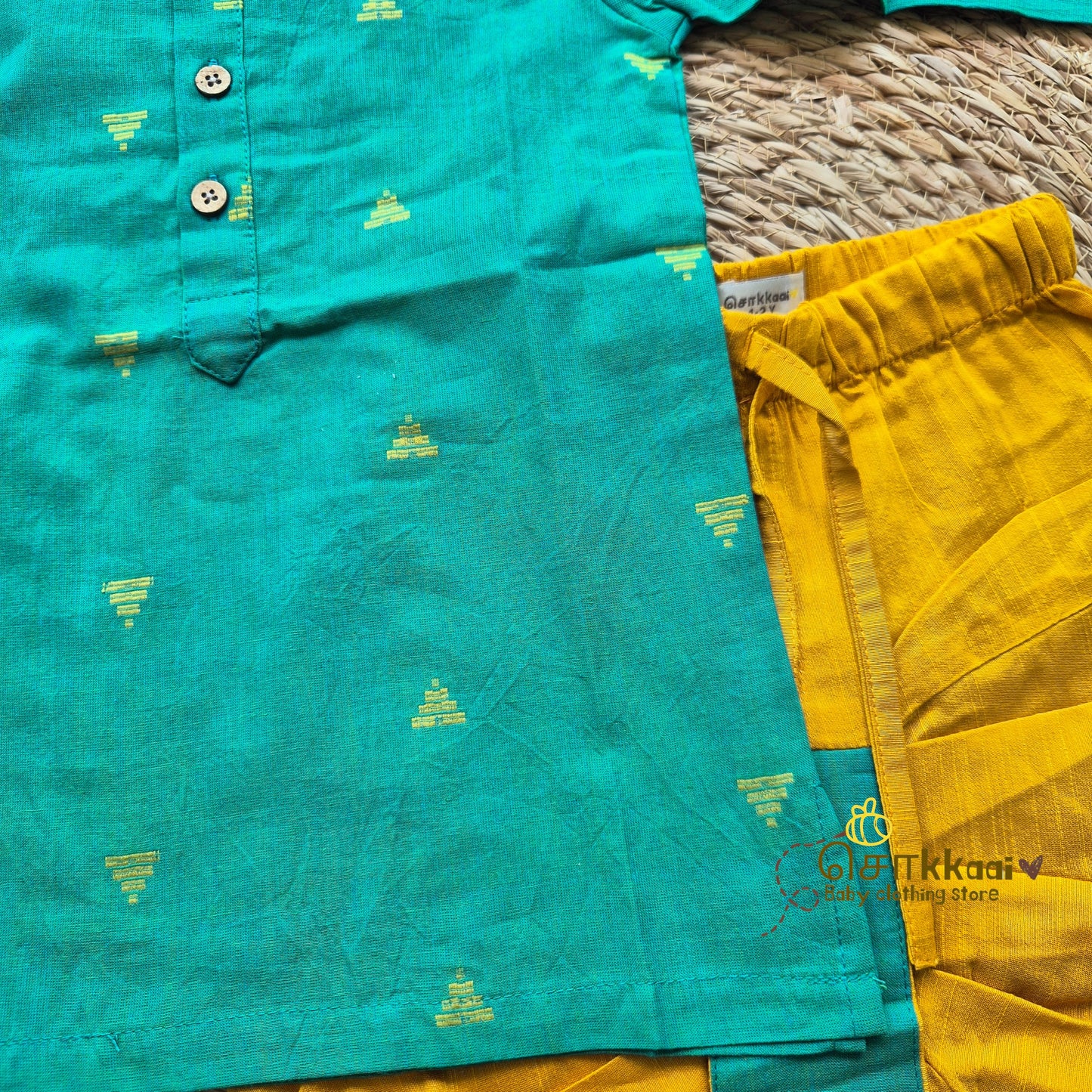 Peacock teal with mustard raw silk dhoti set (1-5yrs) - Sokkaai