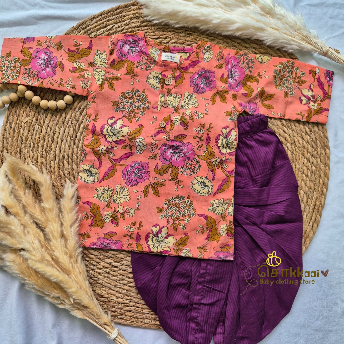 Peach floral cotton kurta & Dhoti set(6m-5yrs) - Sokkaai