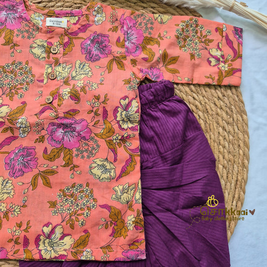 Peach floral cotton kurta & Dhoti set(6m-5yrs) - Sokkaai