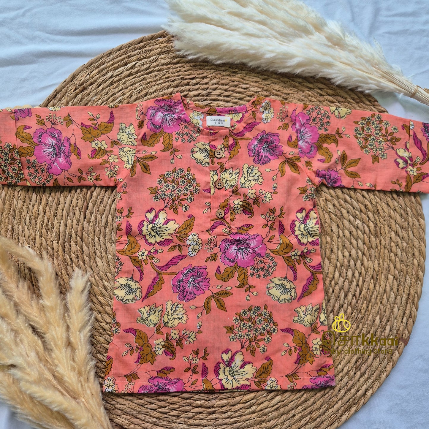 Peach floral cotton kurta & Dhoti set(6m-5yrs) - Sokkaai