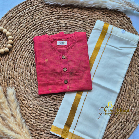 Pink handloom mid length kurta with veshti set(6m-6yrs) - Sokkaai