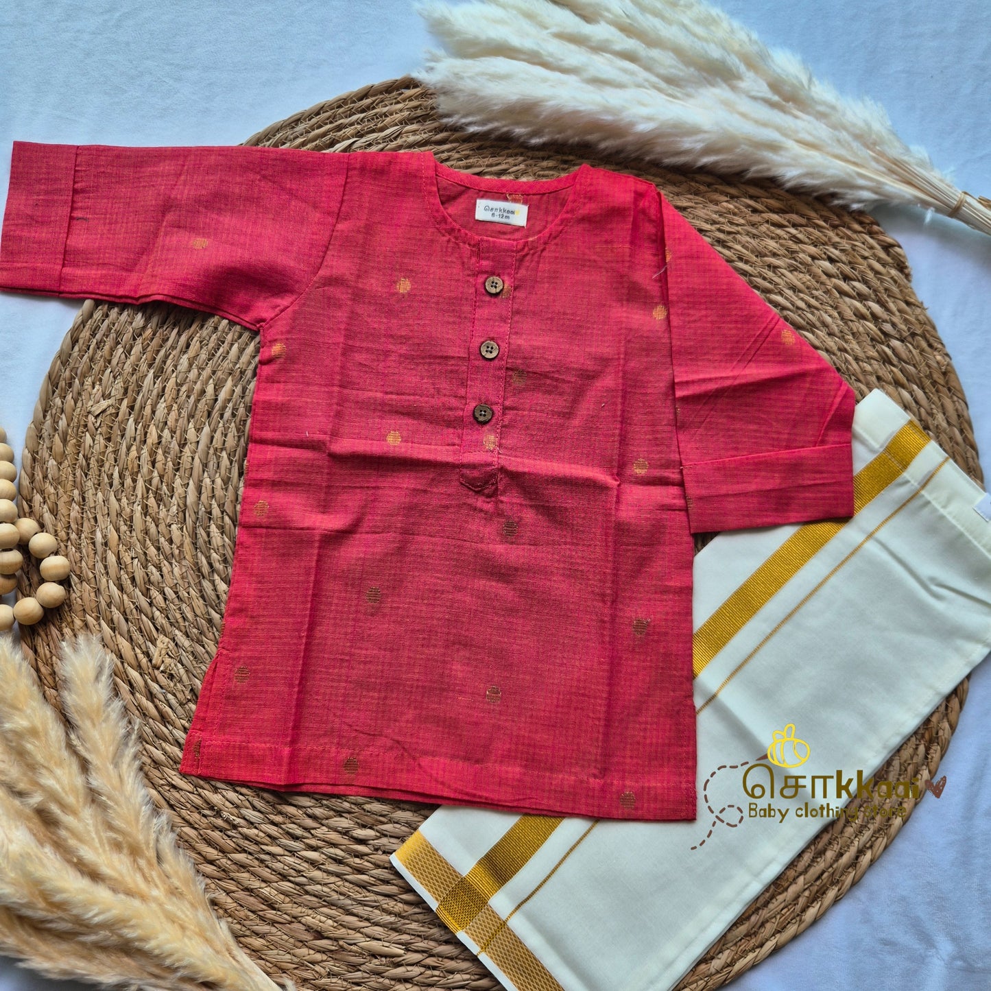Pink handloom mid length kurta with veshti set(6m-6yrs) - Sokkaai