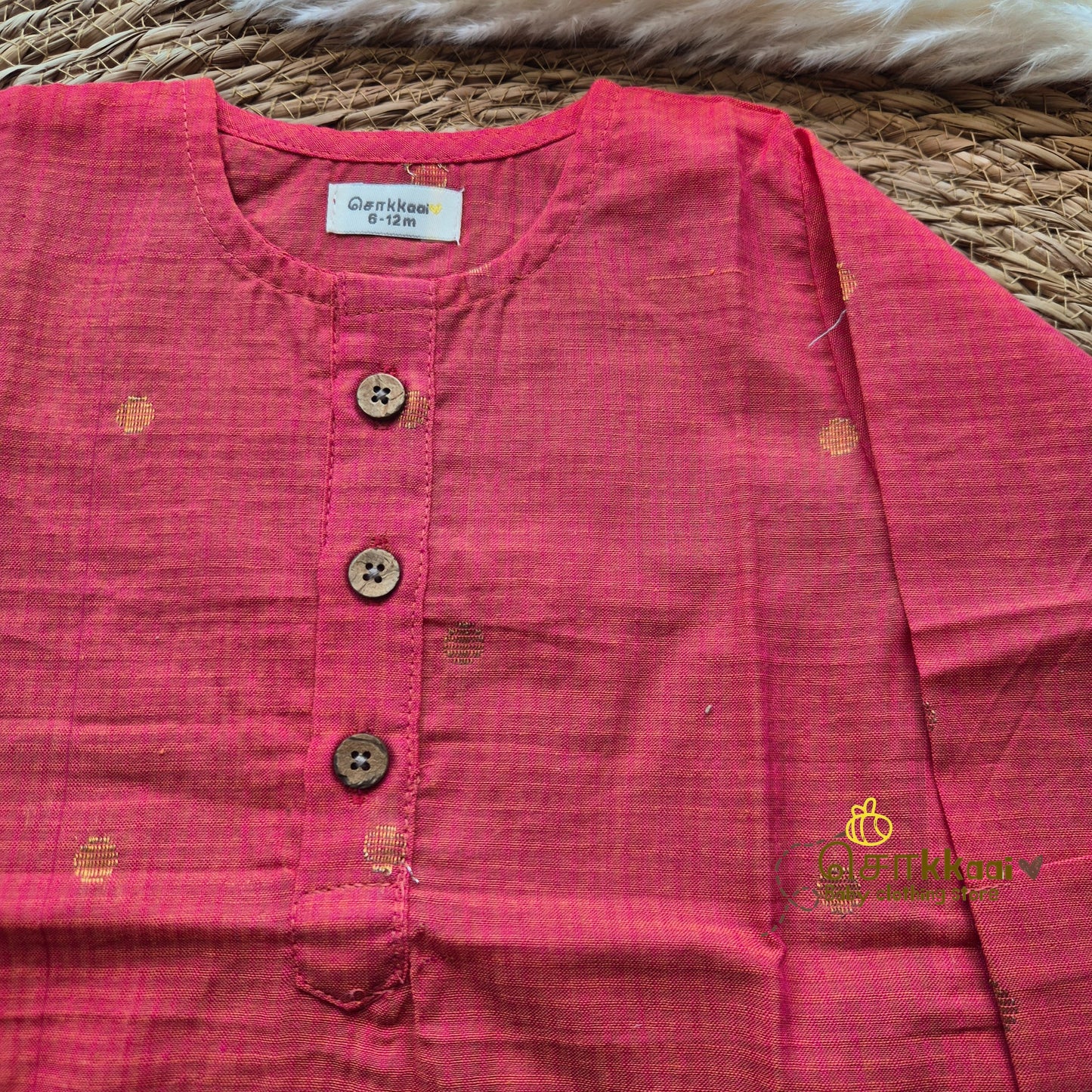 Pink handloom mid length kurta with veshti set(6m-6yrs) - Sokkaai
