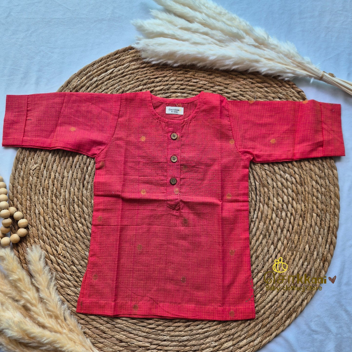 Pink handloom mid length kurta with veshti set(6m-6yrs) - Sokkaai