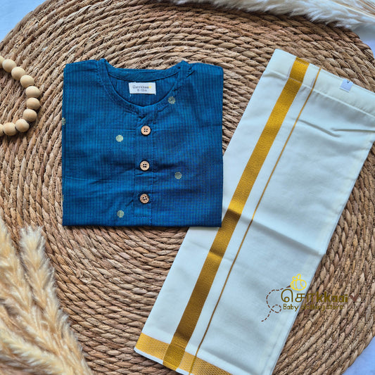 Peacock blue handloom mid length kurta with veshti set(6m-6yrs) - Sokkaai