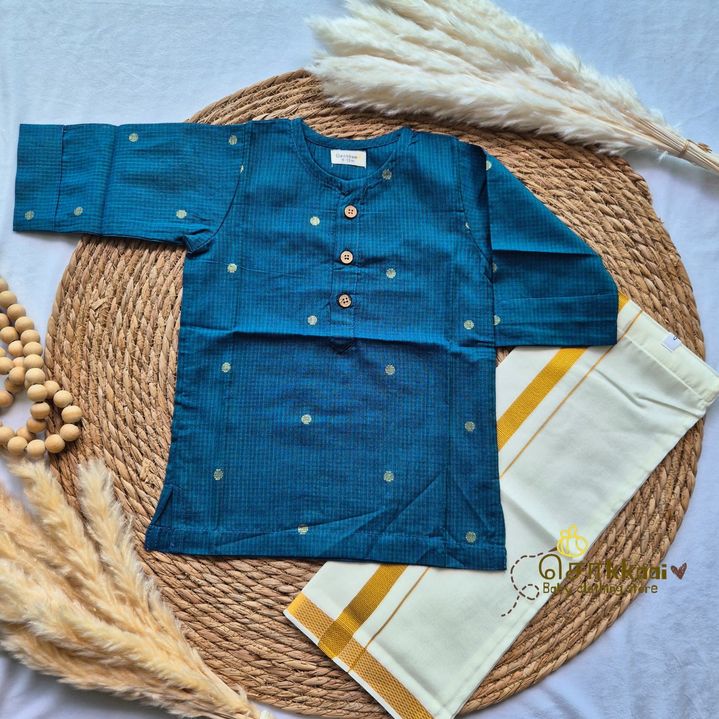 Peacock blue handloom mid length kurta with veshti set(6m-6yrs) - Sokkaai