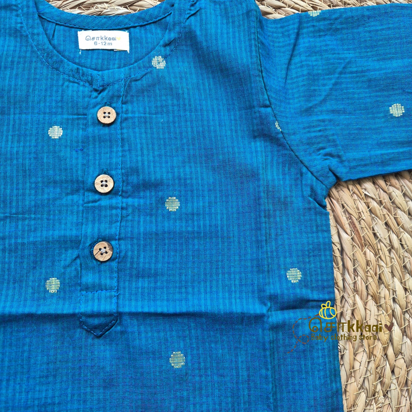 Peacock blue handloom mid length kurta with veshti set(6m-6yrs) - Sokkaai