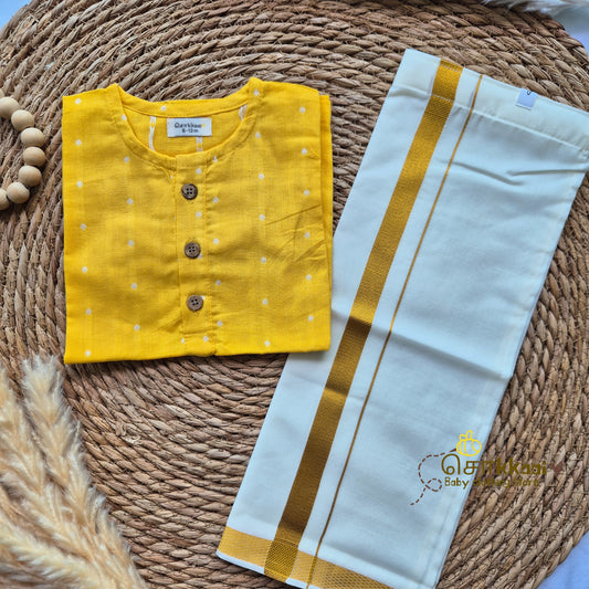 Yellow handloom mid length kurta with veshti set(6m-6yrs) - Sokkaai