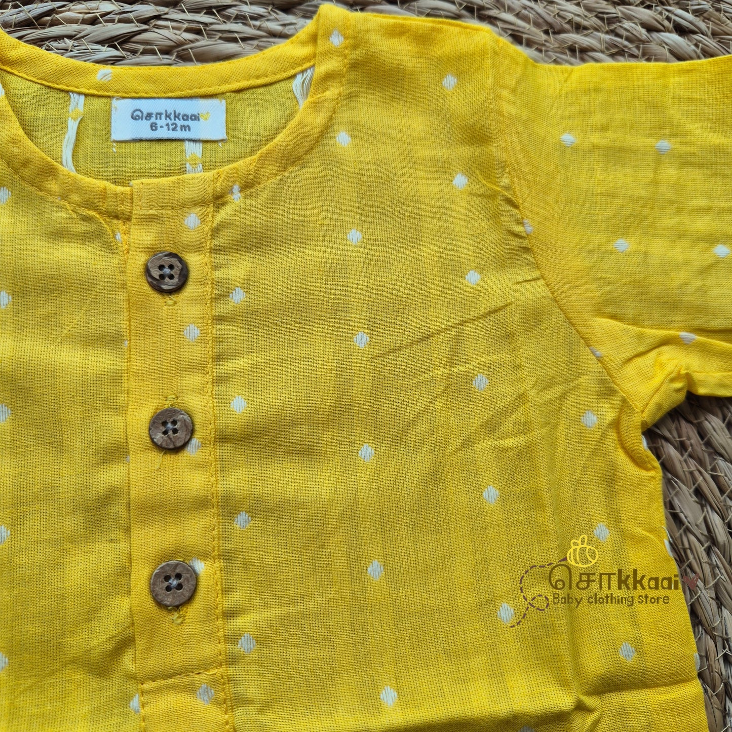 Yellow handloom mid length kurta with veshti set(6m-6yrs) - Sokkaai