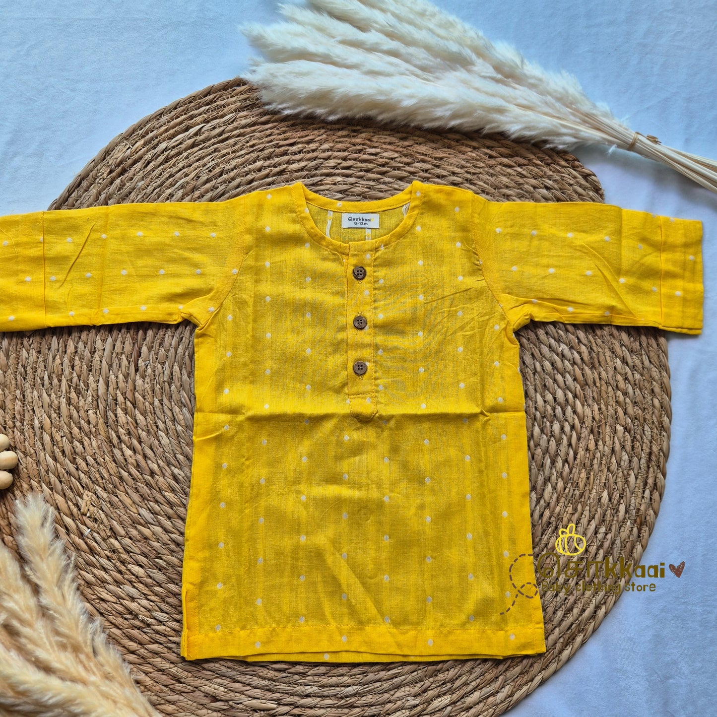Yellow handloom mid length kurta with veshti set(6m-6yrs) - Sokkaai