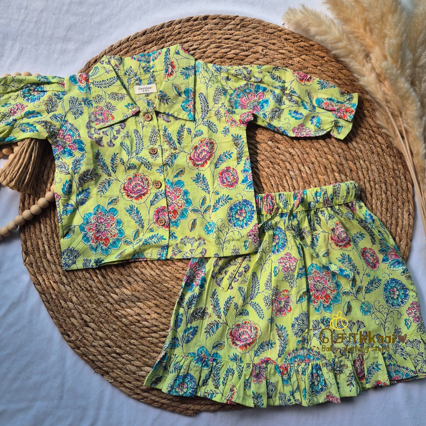 Light green floral Cotton Skirt and top for Girls (2-5years)