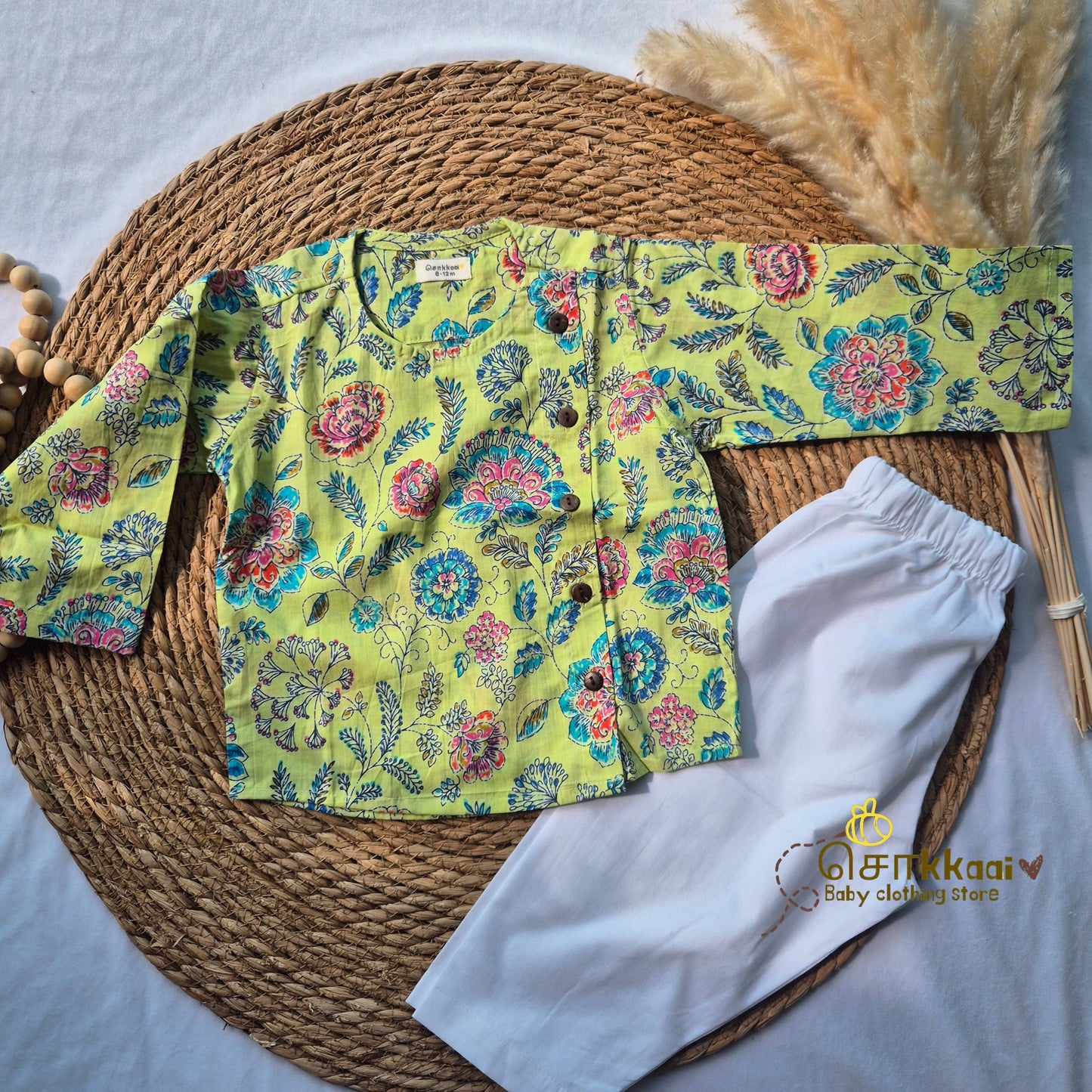 Light green floral printed cotton Kurta/ Jippa (6m to 2years)