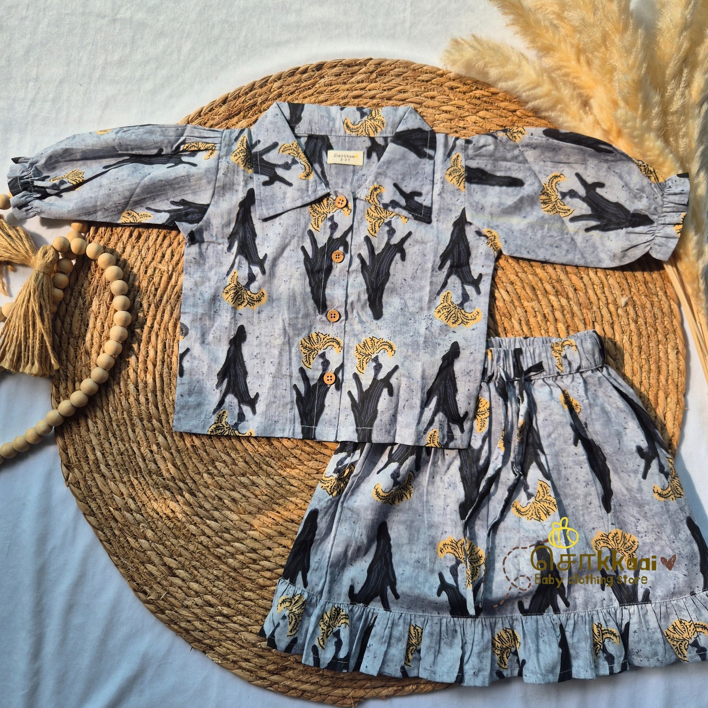 Grey & Black floral Cotton Skirt and top for Girls (2-5years)