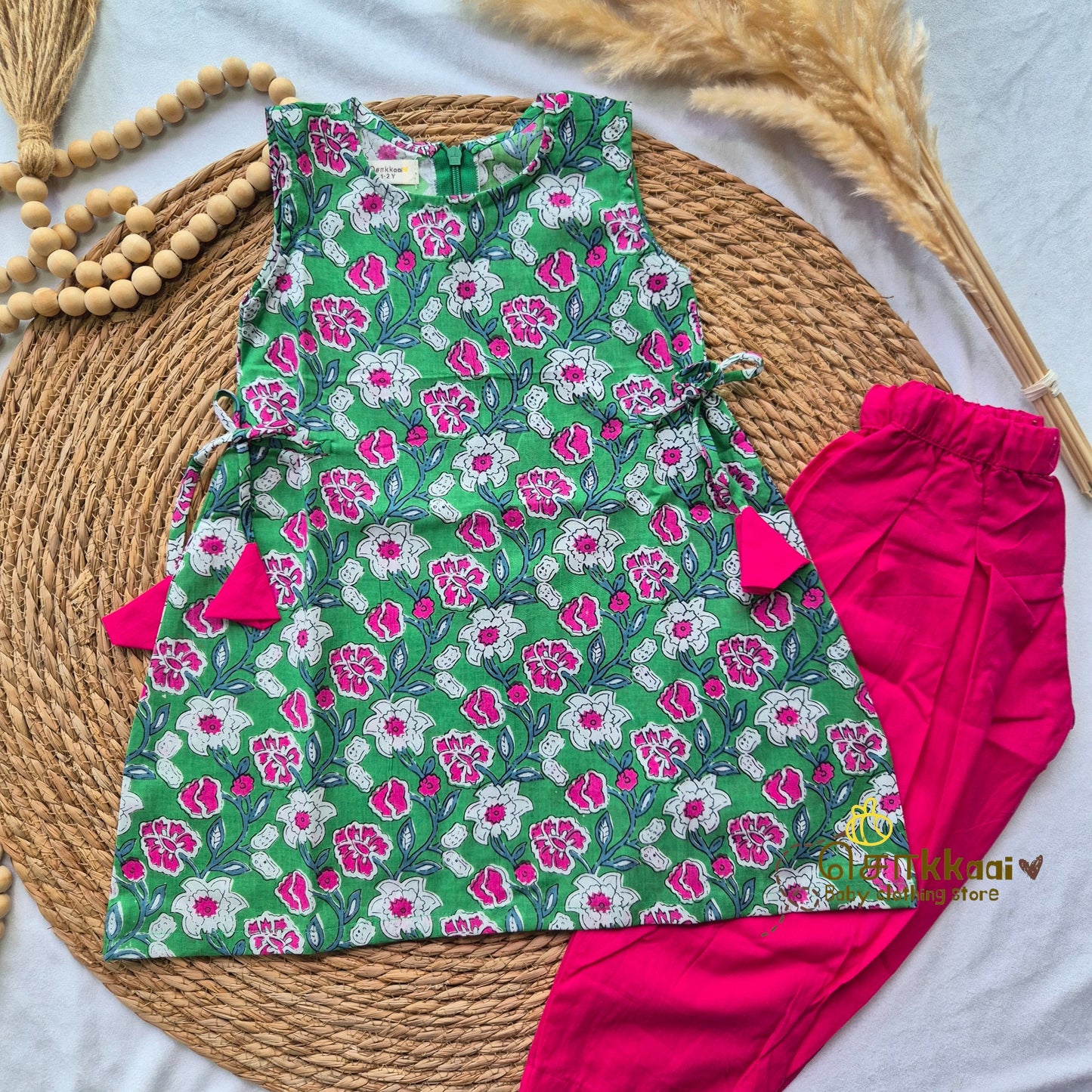 Green glaze and Rose Cotton kurti-pattiyala set for Girls (1-5years)