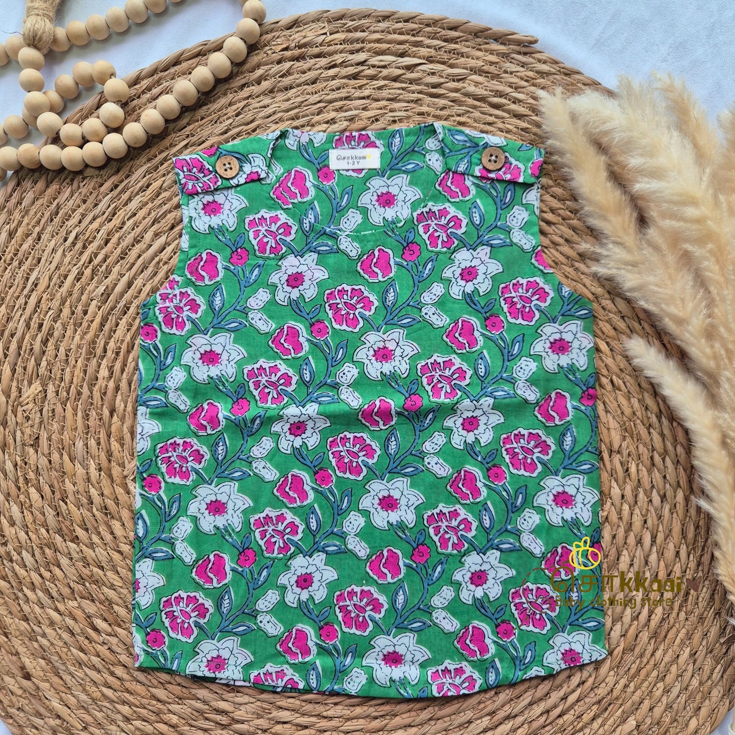 Green glaze & Rose cotton kids top (0 to 3years)