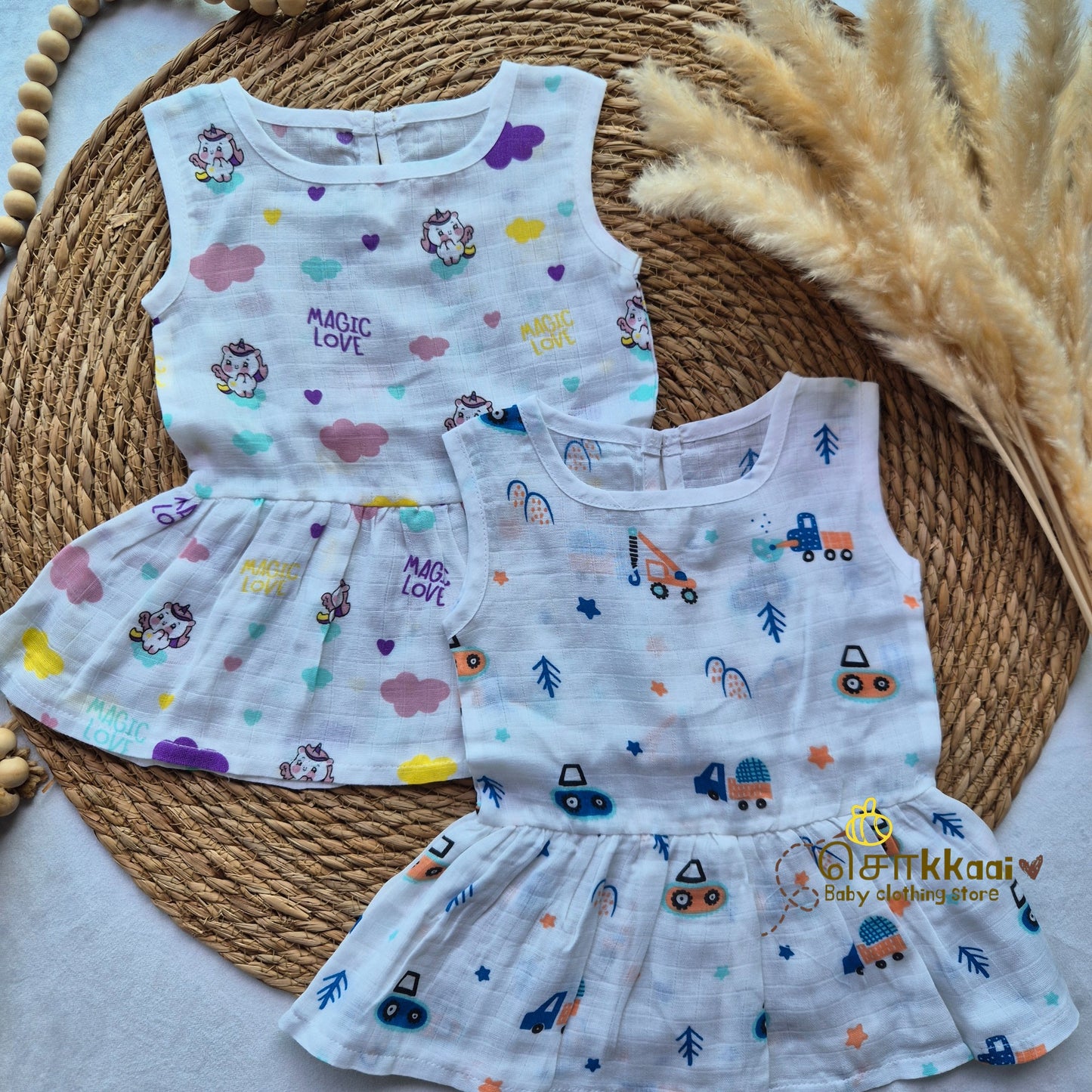 Pack of 2 button frock - Unicorn & Truck (0-6m)