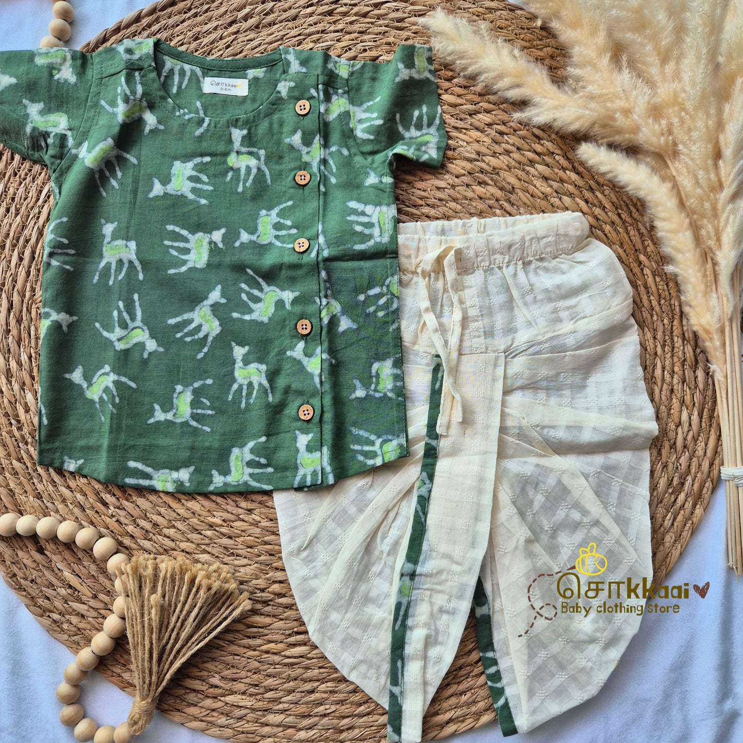 Green deer kids cotton dhoti set (0-3yrs)