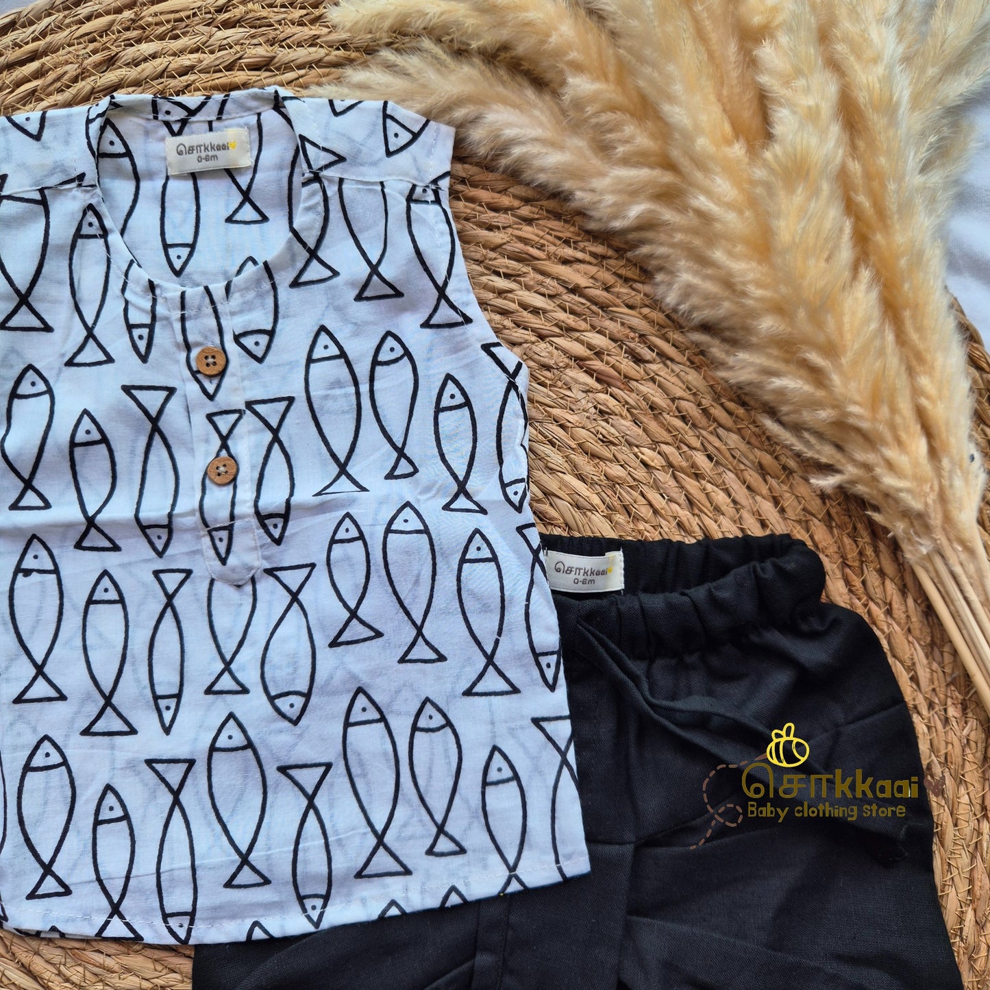 Fish print with black kids cotton dhoti set (0-3yrs)