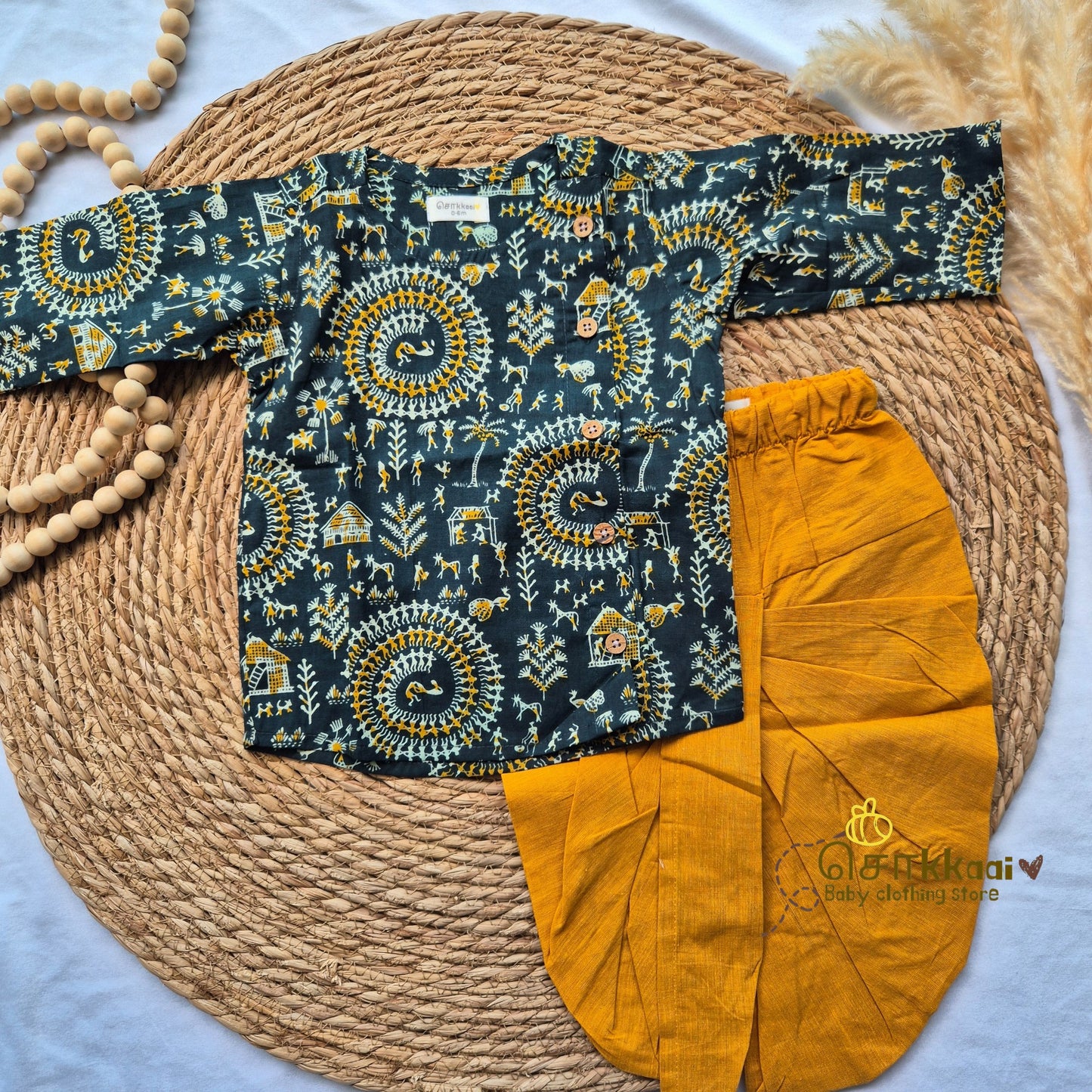Green warli with mustard kids cotton dhoti set (0-5yrs)