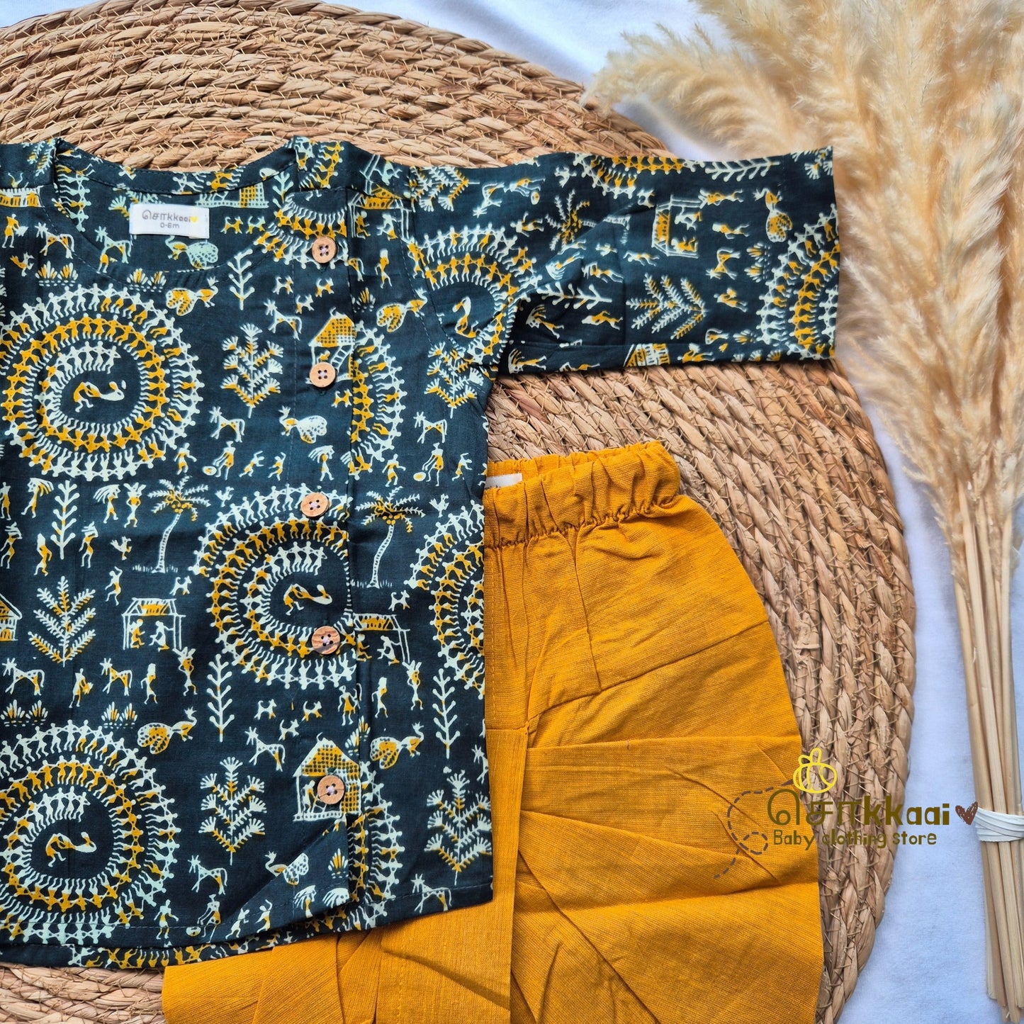Green warli with mustard kids cotton dhoti set (0-5yrs)