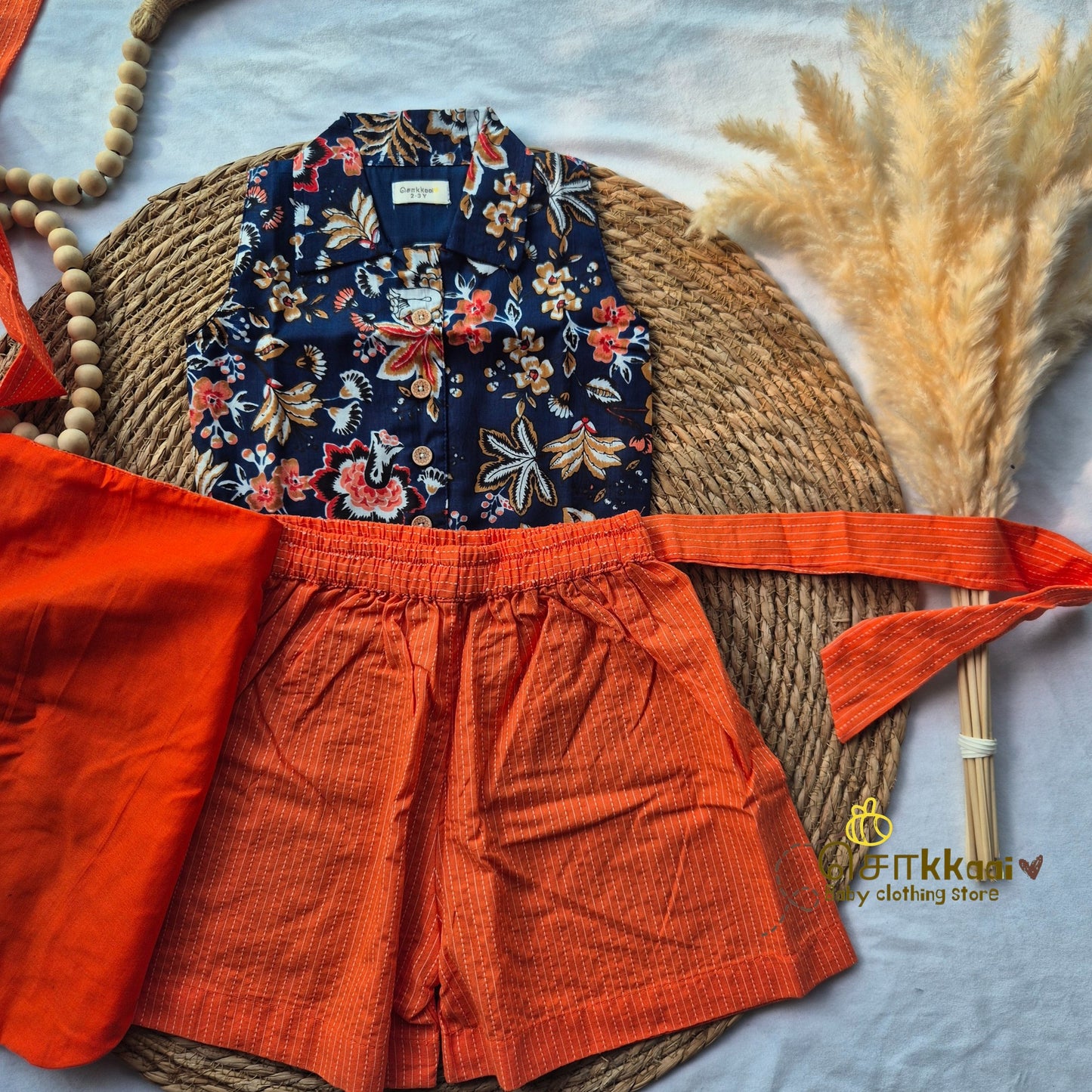 Navy floral and orange kantha cotton Skort and top for Girls (2-6years)