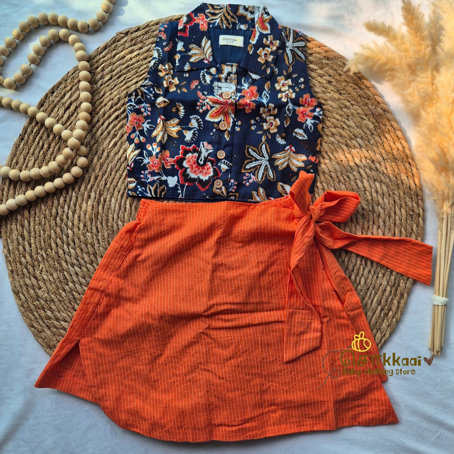Navy floral and orange kantha cotton Skort and top for Girls (2-6years)