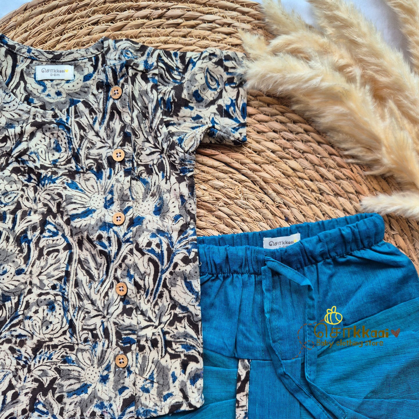 Kalamkari - Faded black & Peacock blue kids cotton dhoti set (0-3yrs)