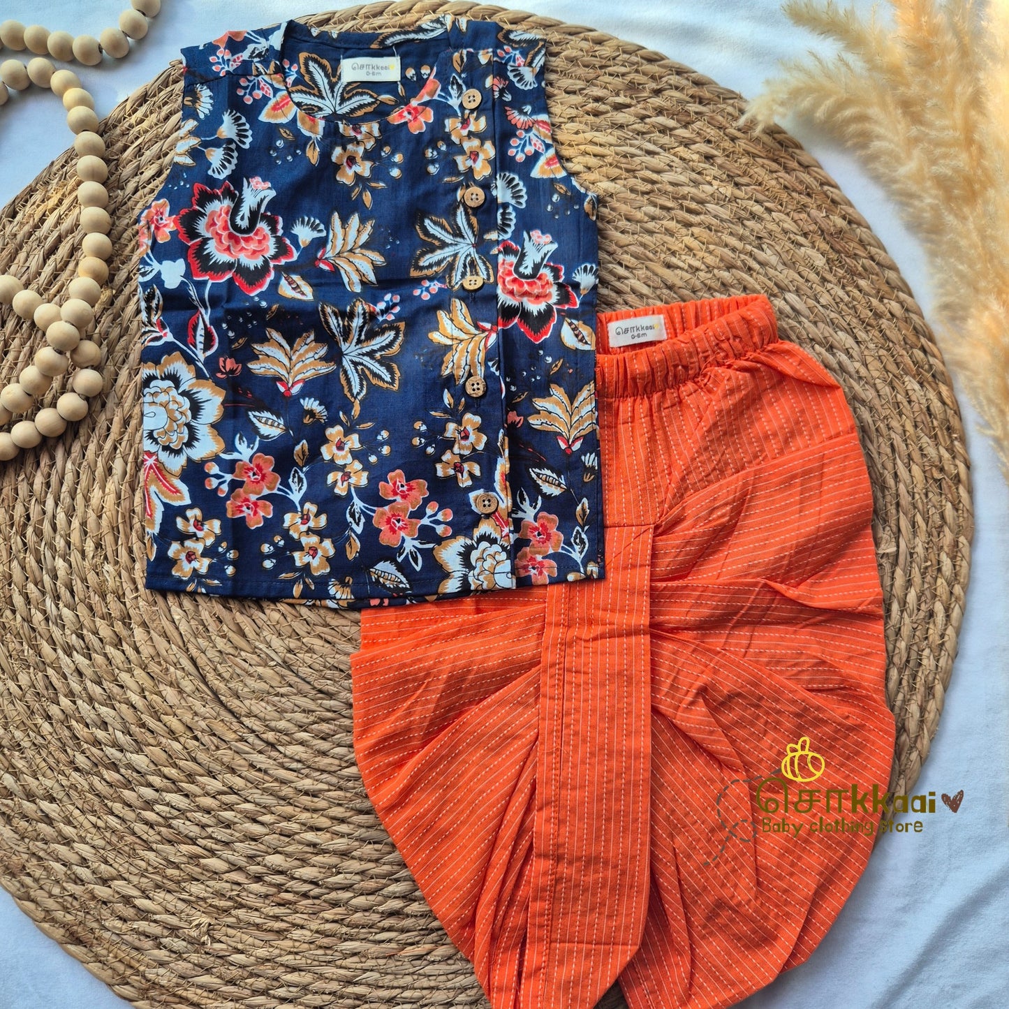 Navy floral with orange kantha cotton kids dhoti set (0-3yrs)