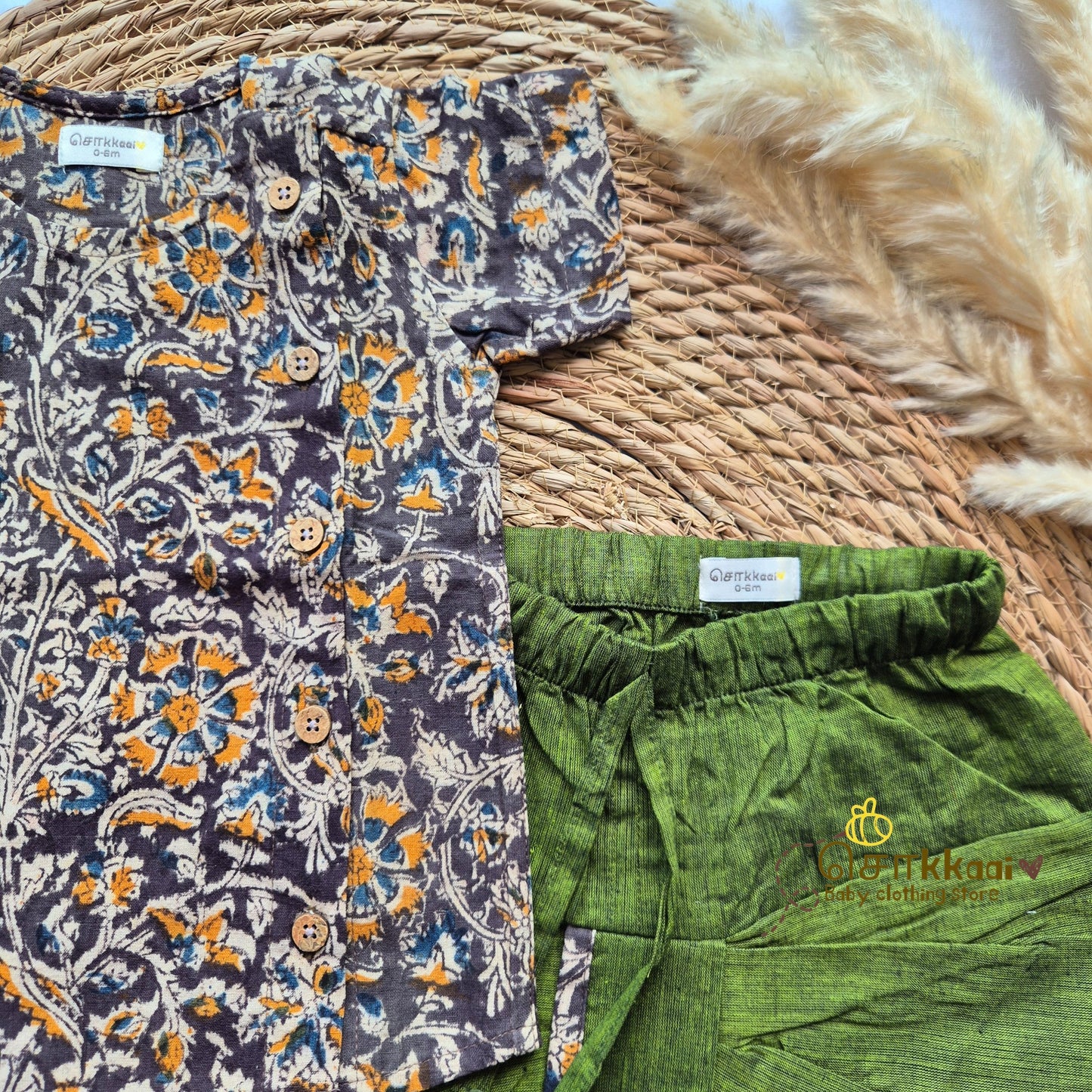 Kalamkari - Faded brown & Olive green kids cotton dhoti set (0-3yrs)