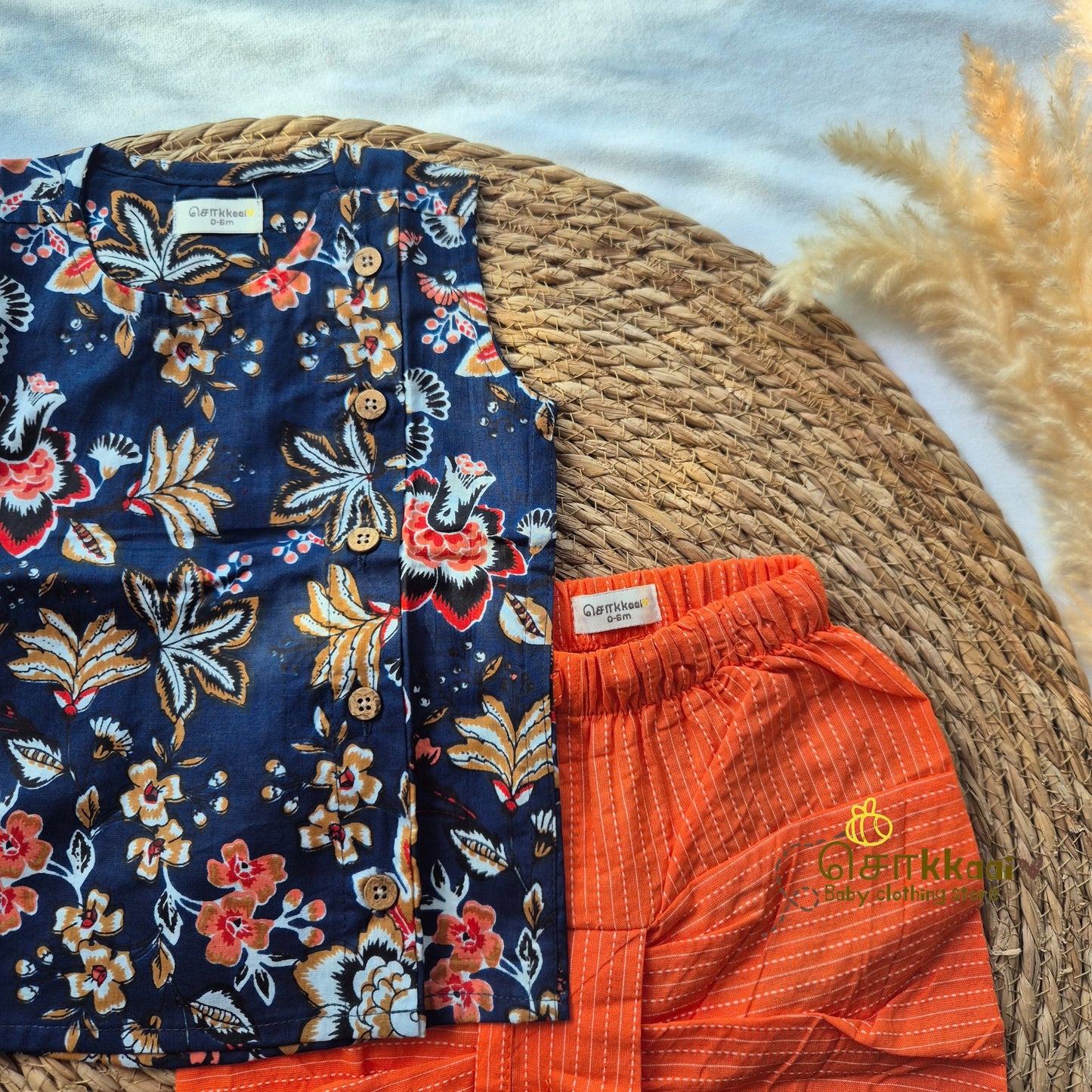 Navy floral with orange kantha cotton kids dhoti set (0-3yrs)