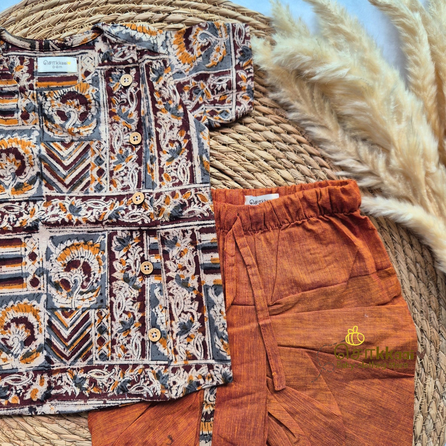 Kalamkari - Earthy brown & Rust orange kids cotton dhoti set (0-3yrs)