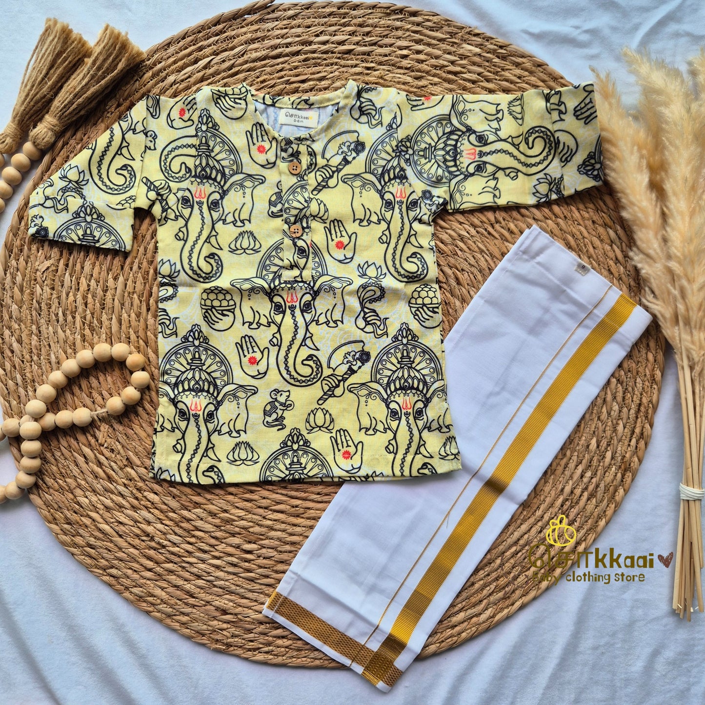 Yellow Ganesha Mid length kurta with elbow sleeve (0 to 3years)