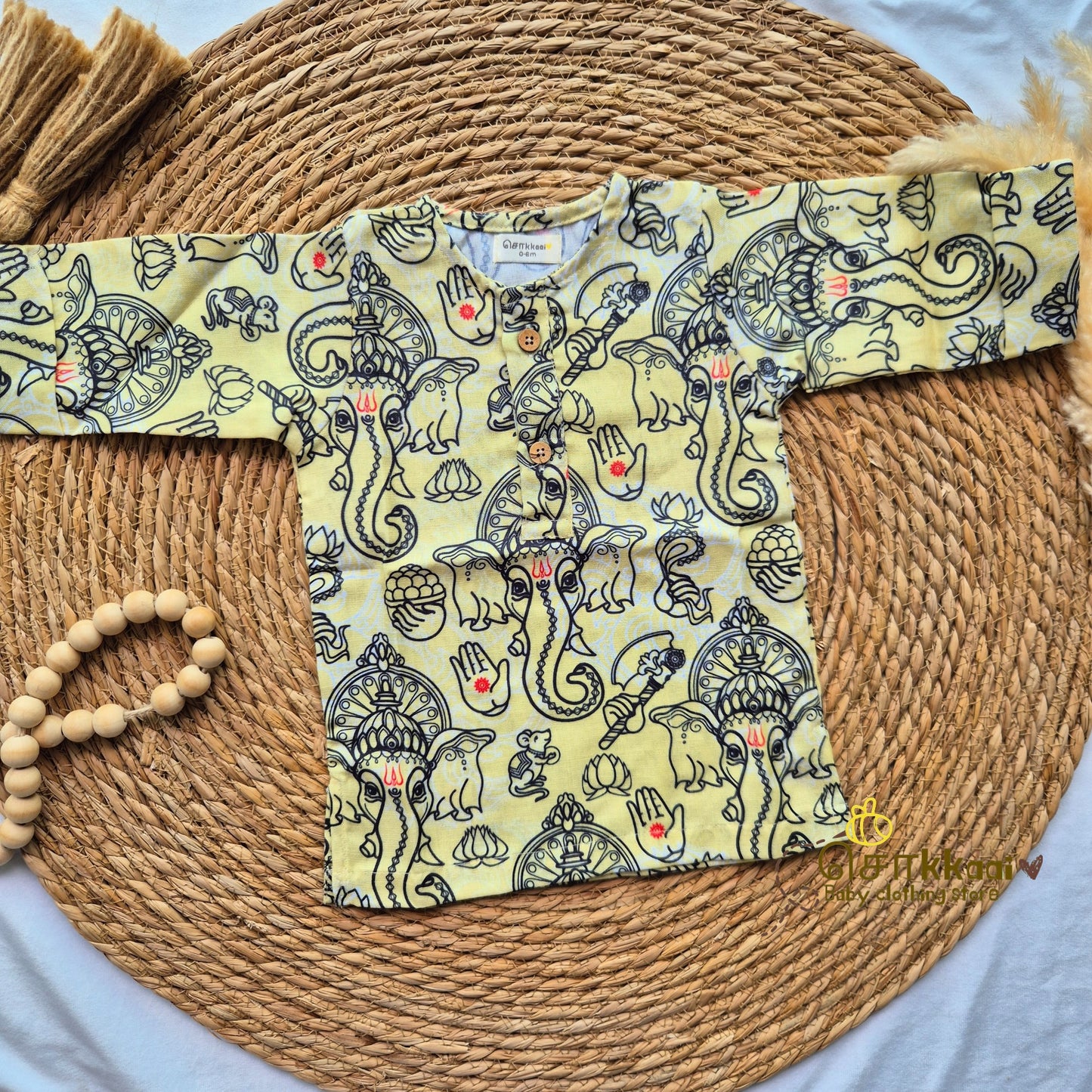 Yellow Ganesha Mid length kurta with elbow sleeve (0 to 3years)