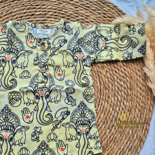 Yellow Ganesha Mid length kurta with elbow sleeve (0 to 3years)