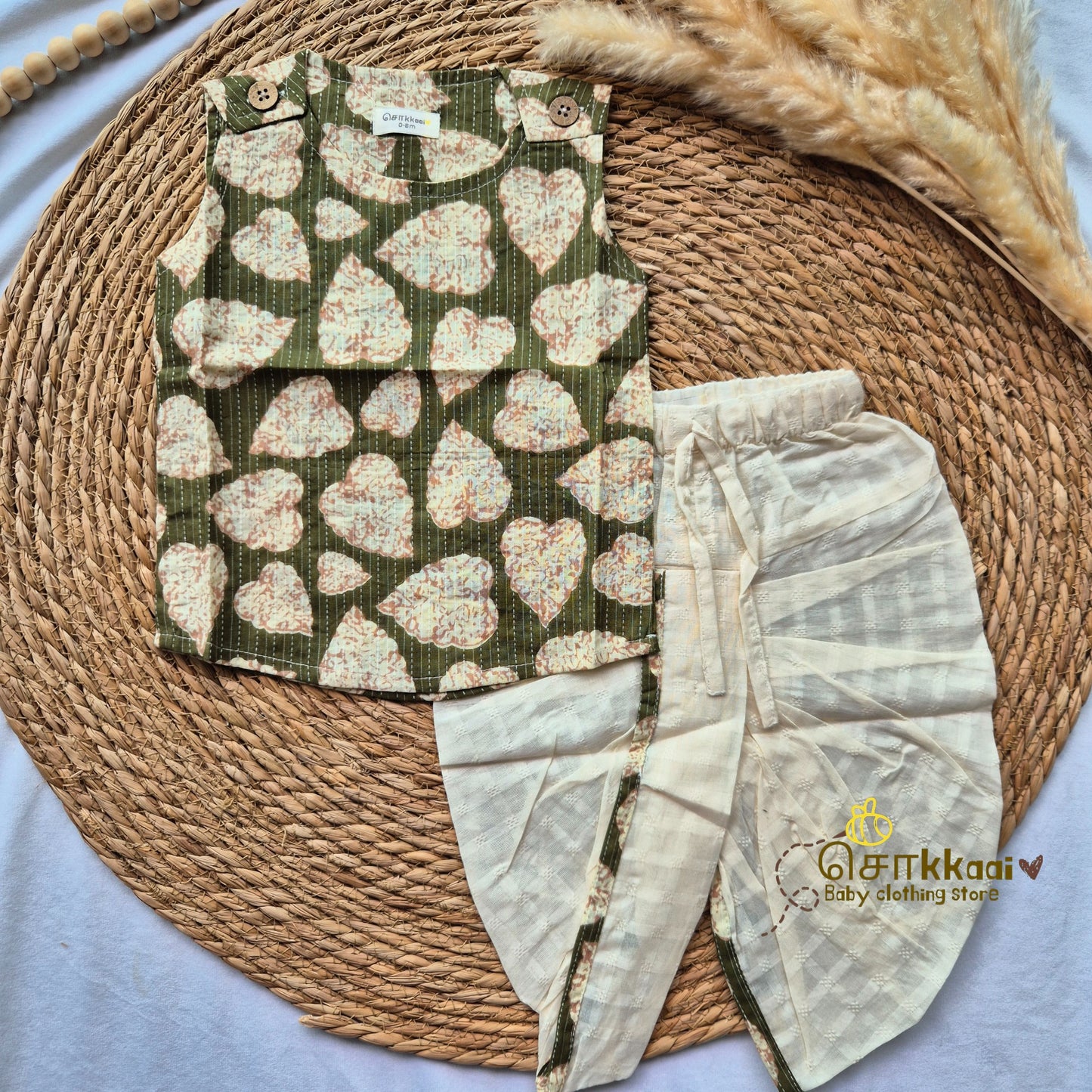 Green hearty leaves kids cotton dhoti set (0-3yrs)
