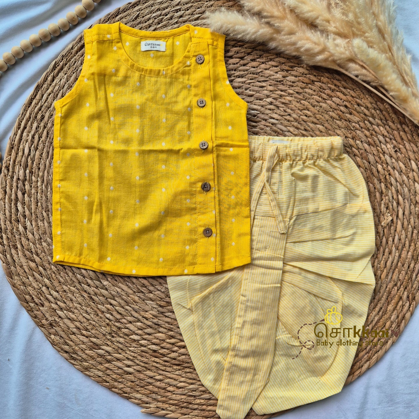 Yellow handloom & Stripes kids cotton dhoti set (0-3yrs) - Sokkaai