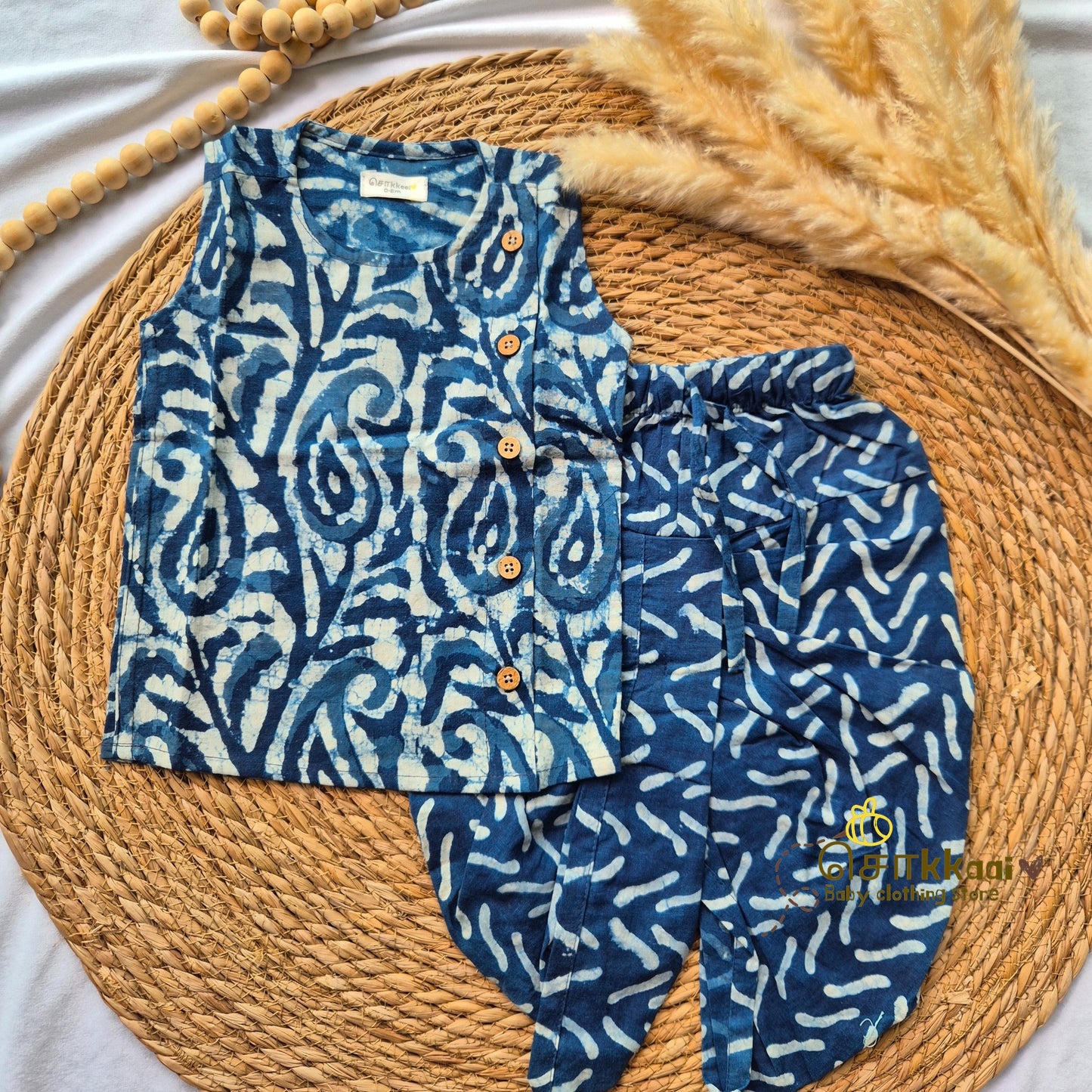 Navy blue hand block kids cotton dhoti set (0-3yrs)