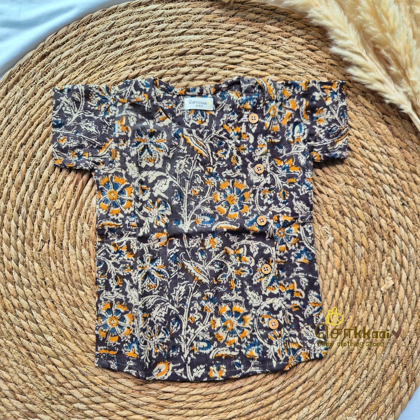Faded brown kalamkari Side Button Shirt (0-3years) - Sokkaai