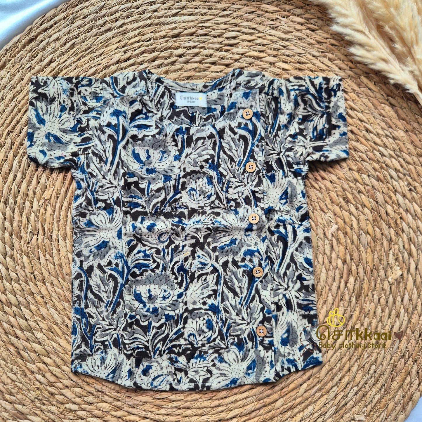 Faded black kalamkari Side Button Shirt (0-3years) - Sokkaai