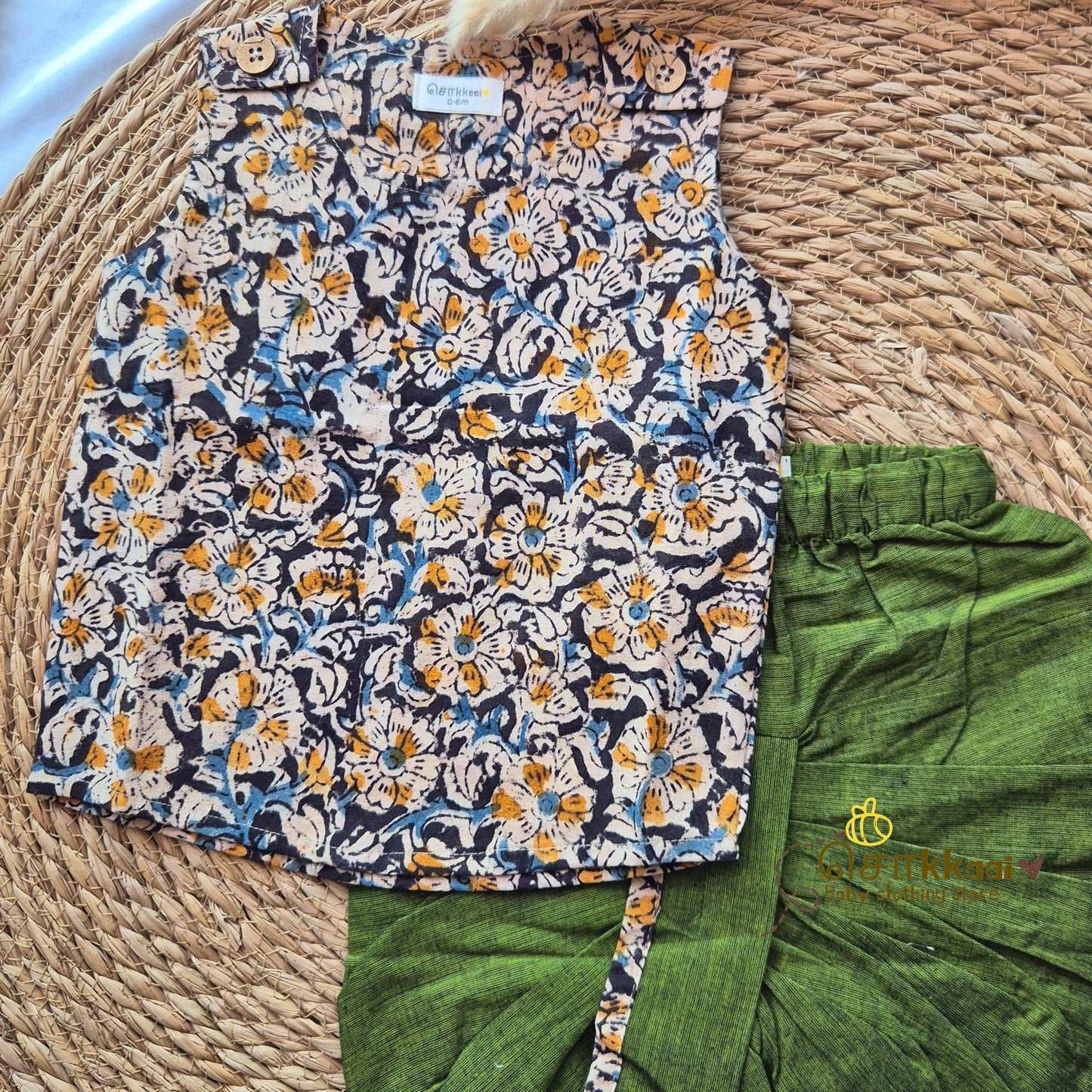 Kalamkari - Black floral with Olive green kids cotton dhoti set (0-3yrs) - Sokkaai