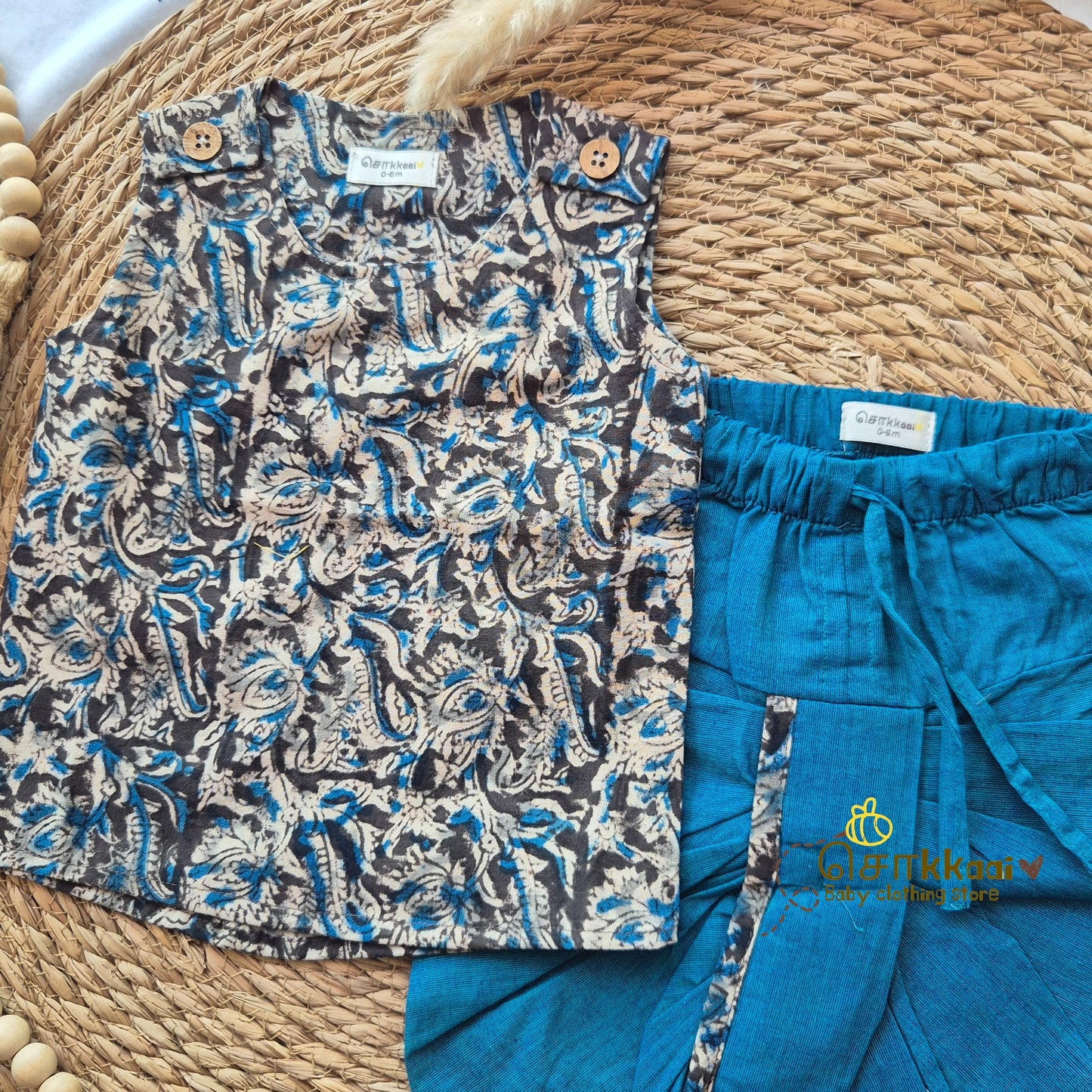 Kalamkari - Black floral with peacock blue kids cotton dhoti set (0-3yrs) - Sokkaai