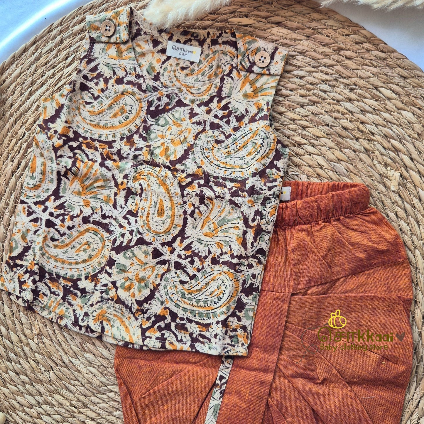 Kalamkari - Earthy brown and Rustic orange kids cotton dhoti set (0-3yrs) - Sokkaai