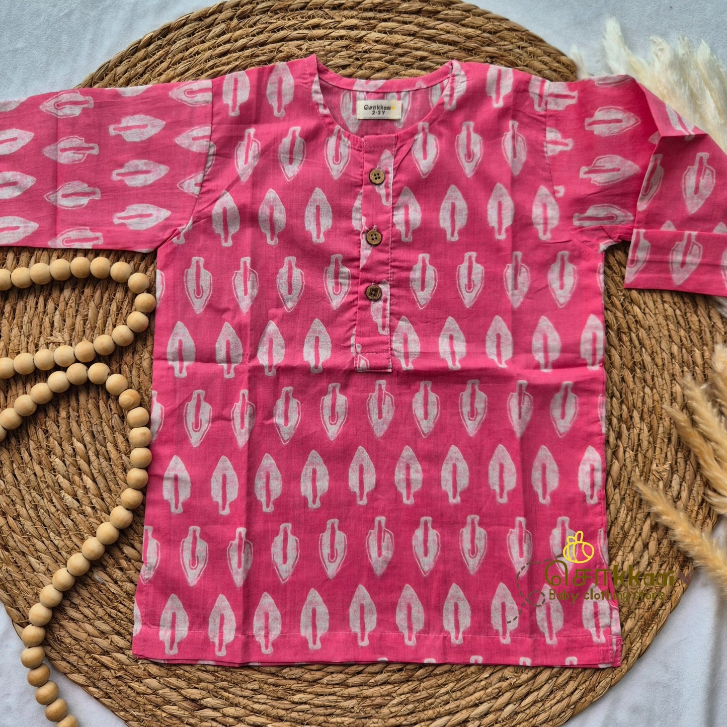 Pink leaf Mid length kurta with elbow sleeve (6m-6years) Sokkaai