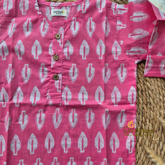 Pink leaf Mid length kurta with elbow sleeve (6m-6years) Sokkaai
