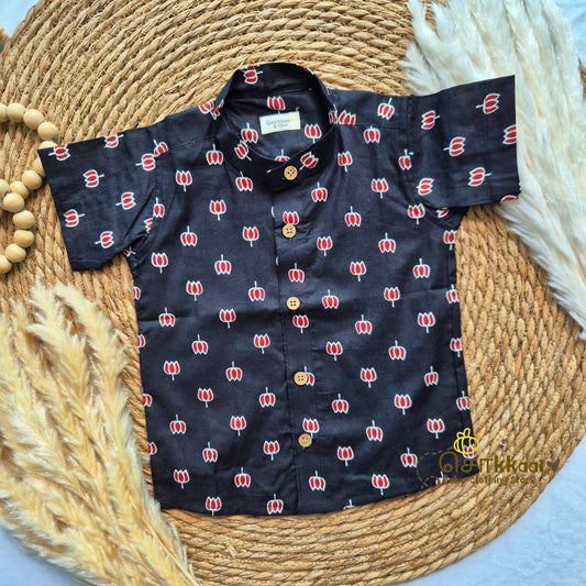Black & Red lotus cambric cotton Kids Shirt (6m to 3years) - Sokkaai