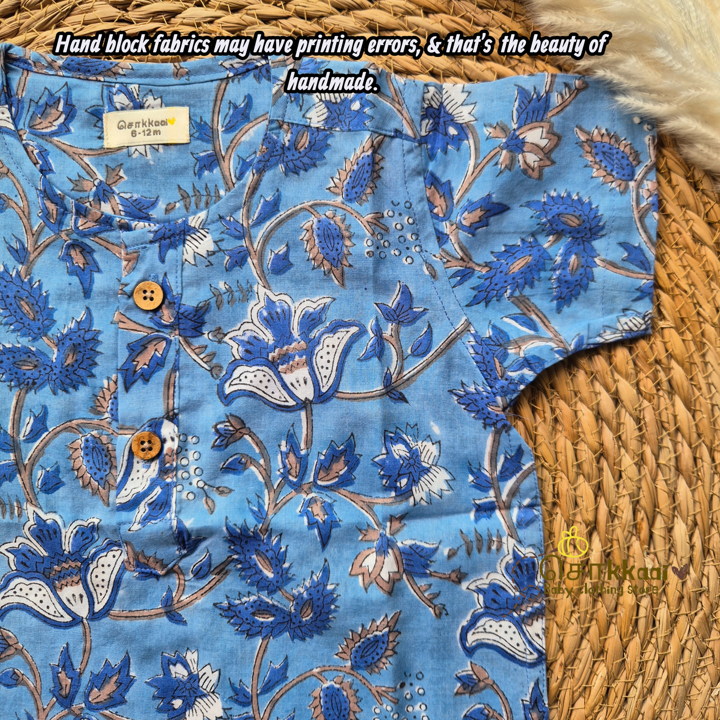 Denim blue floral block Cotton Kids dhoti set (6m-5yrs) - Sokkaai