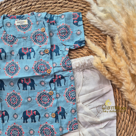 Blue elephant Cotton Kids dhoti set (0-5yrs) - Sokkaai